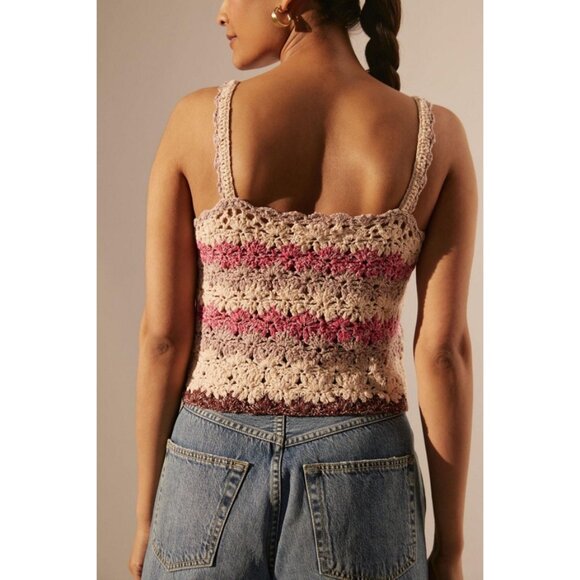 Anthropologie Crochet Pink & Neutral Tone Striped Boho Crop Top - Picture 6 of 16